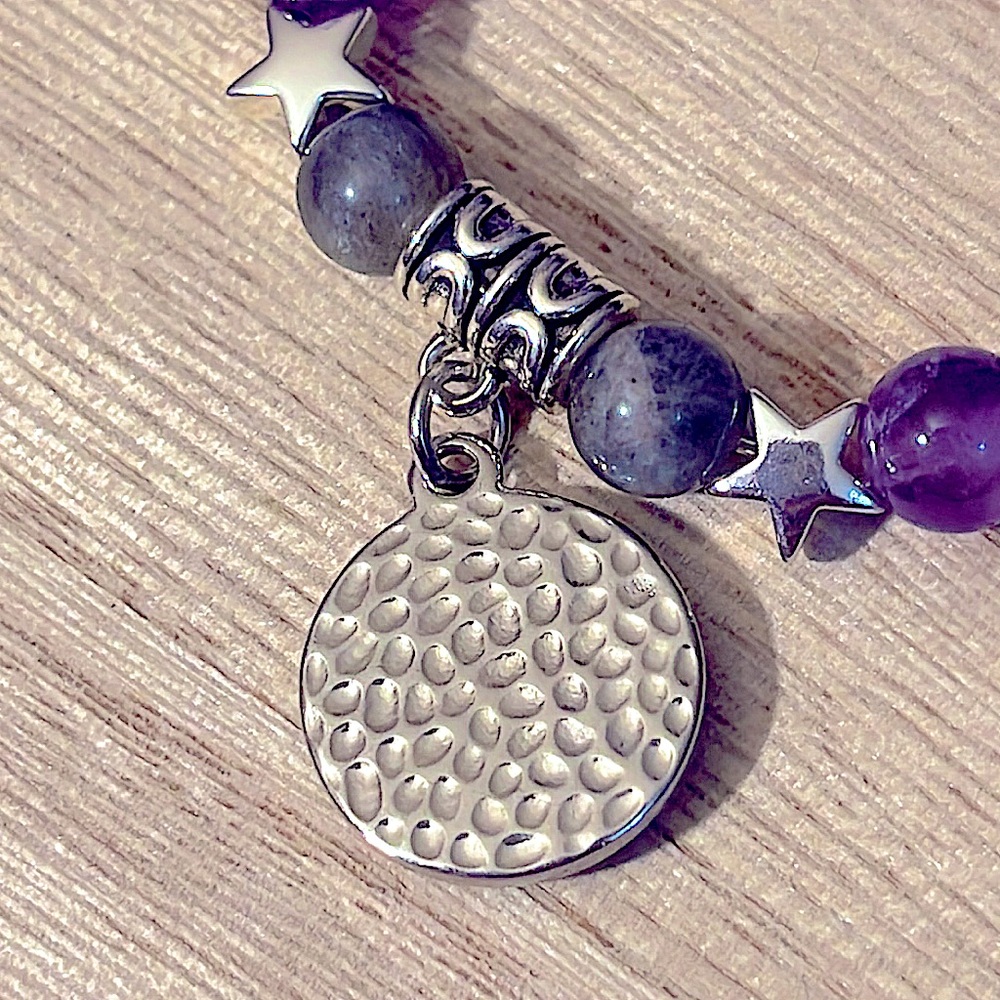 Amethyst, Flash Labradorite, Purple Lava Stone, Amulet Charm Bracelet 💜🖤🤍 - Picture 11 of 12